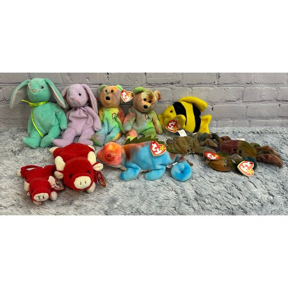 Beanie Baby Mixed Lot of (10) Peace Bears Bunnies Fish Bulls Iguana Crabs 90's - Picture 1 of 16